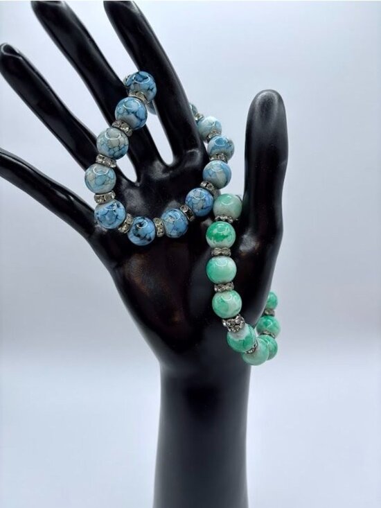 Jewelry - Turquoise & Green Beaded Stretch Bracelets with Silver Accents - Set of 2